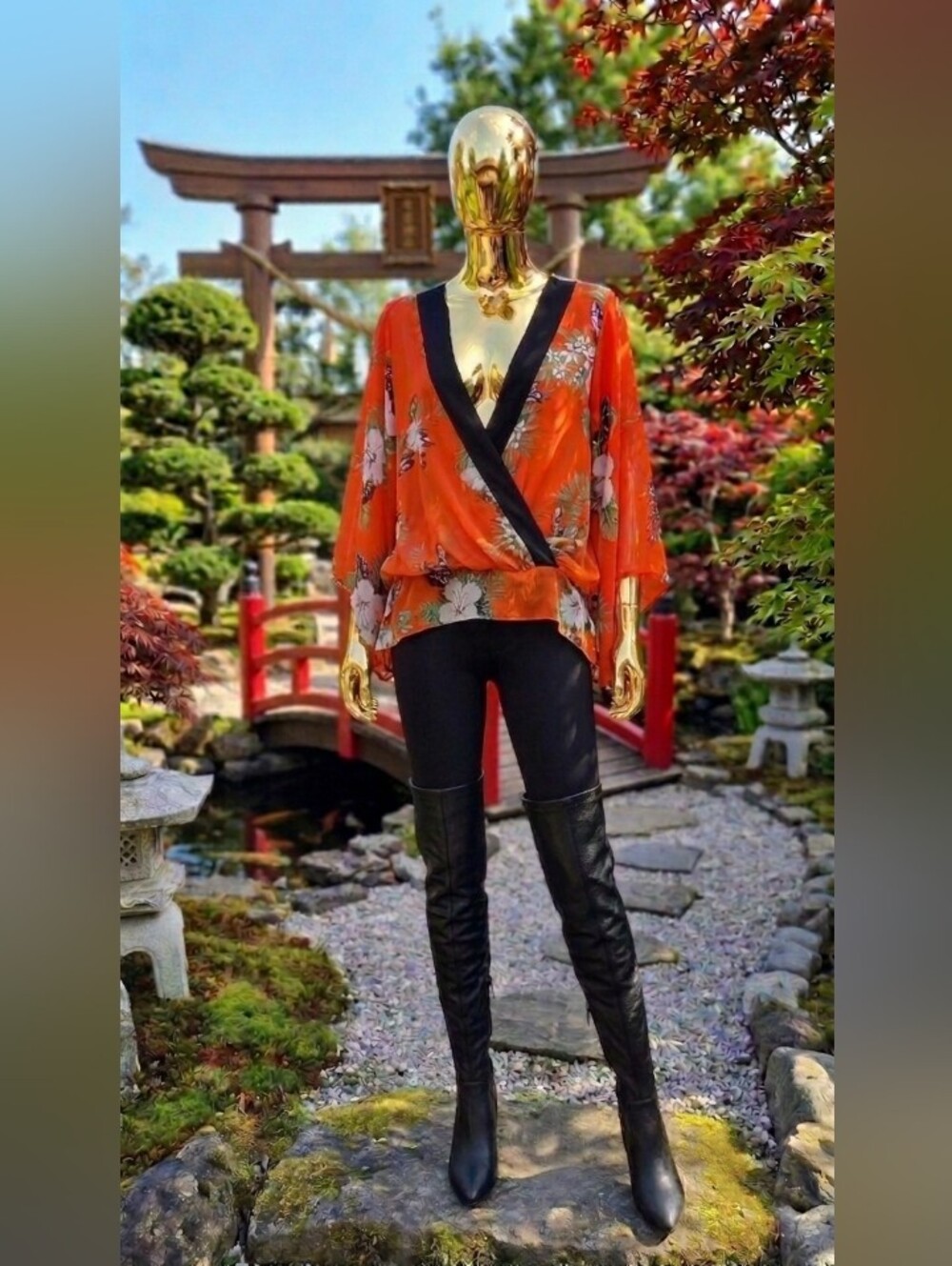 Orange Floral Wrap Tunic with Black Trim 🧡
